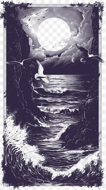 Frame of dramatic cliffside landscape with a full moon and crashing w cnc die cut outline tattoo