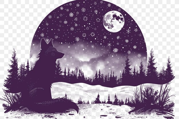 PSD frame of dreamy tundra landscape with a full moon and northern lights cnc die cut outline tattoo