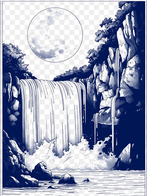 PSD frame of enchanting waterfall landscape with a full moon and mist sur cnc die cut outline tattoo