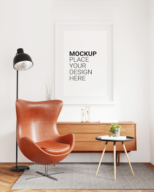 Frame hanging on a white living room mockup Scandinavian interior background 3D rendering