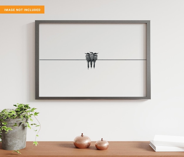 Frame hanging in white living room with decorations mockup 3D rendering