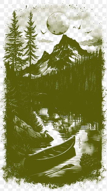PSD frame of lake landscape with loons and evergreen trees adirondack cab cnc die cut outline tattoo