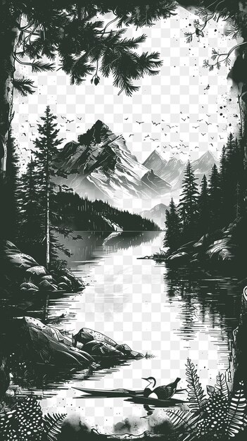 Frame of lake landscape with loons and evergreen trees adirondack cab cnc die cut outline tattoo