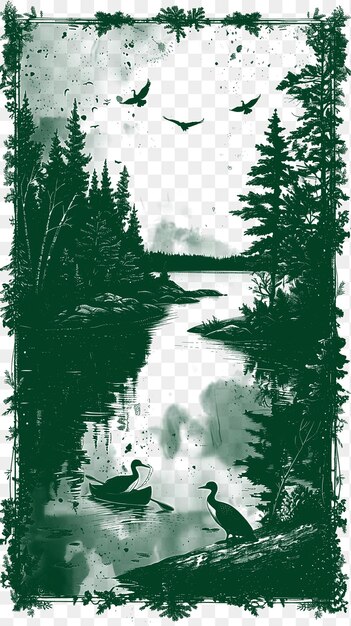 PSD frame of lake landscape with loons and evergreen trees adirondack cab cnc die cut outline tattoo