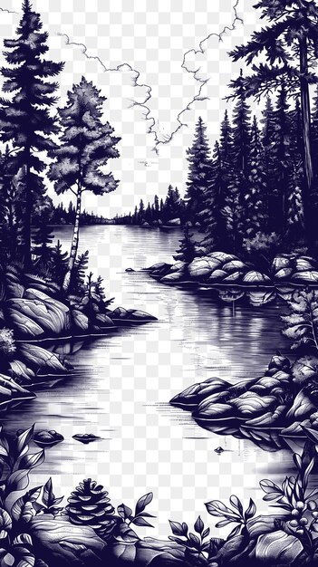 PSD frame of lake landscape with loons and evergreen trees adirondack cab cnc die cut outline tattoo