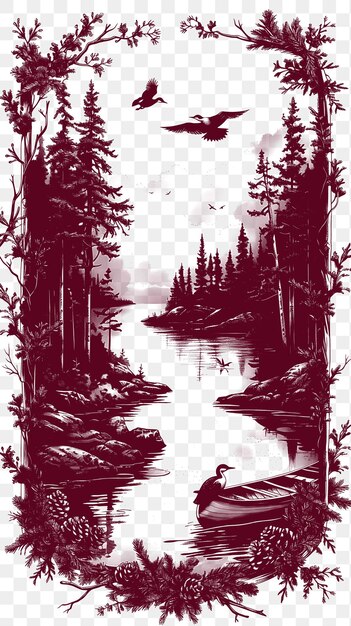 PSD frame of lake landscape with loons and evergreen trees adirondack cab cnc die cut outline tattoo