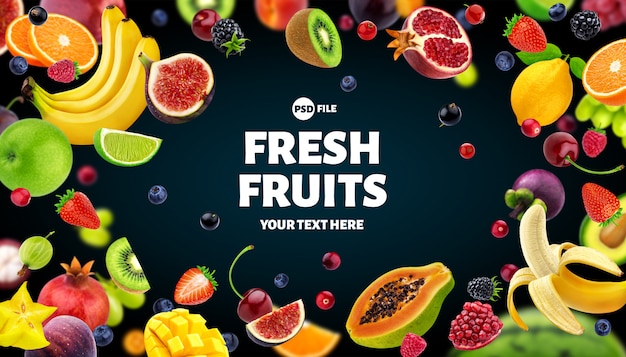 PSD frame made of fruits and berries background