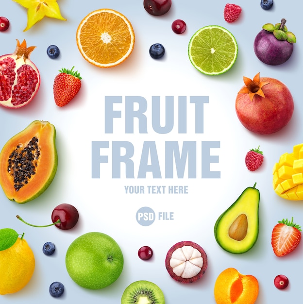 PSD frame made of fruits and berries isolated on white background