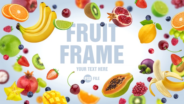 PSD frame made of fruits and berries isolated on white background