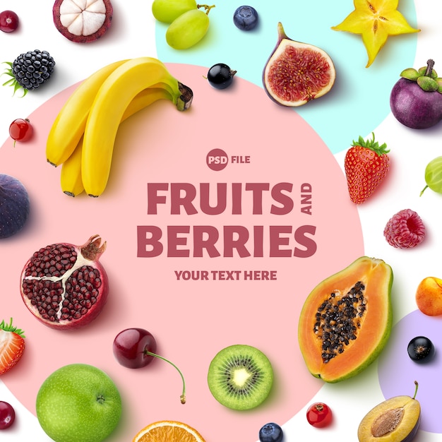 PSD frame made of fruits and berries, top view, flat lay