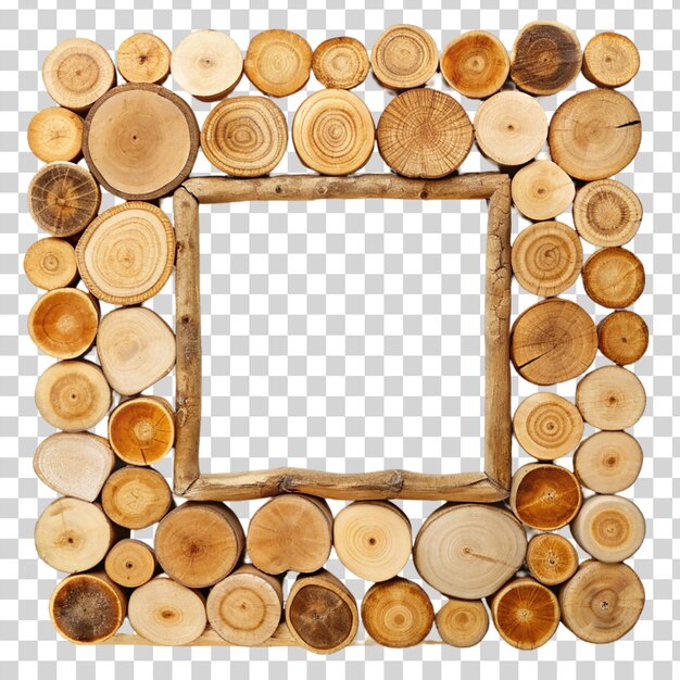 PSD frame made with wooden stump slices isolated on transparent background
