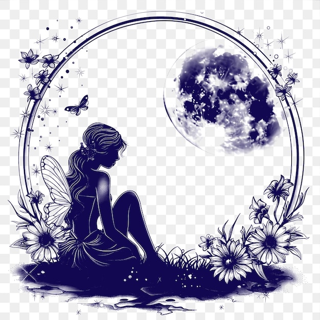 PSD frame of magical fairyland landscape with a full moon and twinkling f cnc die cut outline tattoo