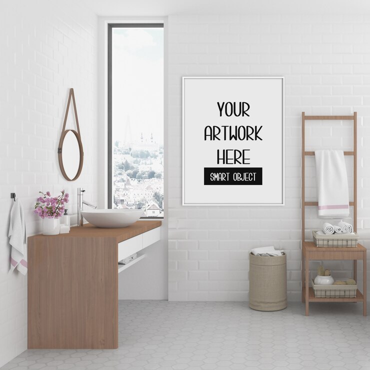 PSD frame mockup, bathroom with white vertical frame, scandinavian interior