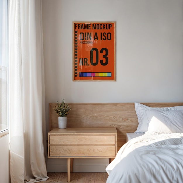 PSD frame mockup bedroom moderno accogliente scena interiore luce naturale e ombre din a ratio psd nr3