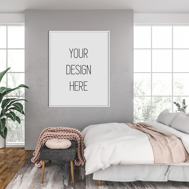 PSD frame mockup, bedroom with white vertical frame, scandinavian interior