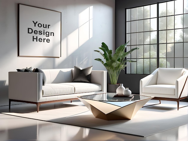 PSD frame mockup by the window in a futuristic living space