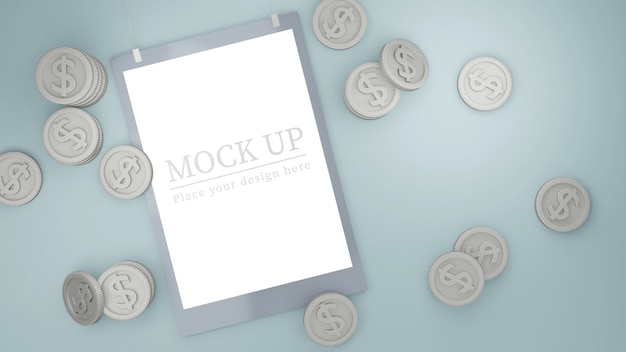 Frame mockup decor with silver coins.