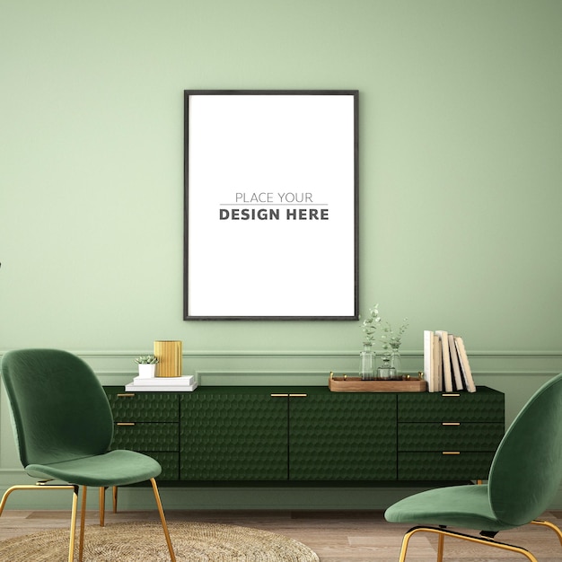 Frame mockup design on cabinet with modern furniture