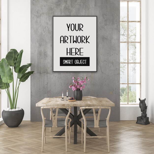 Frame mockup, dining room with black vertical frame, scandinavian interior