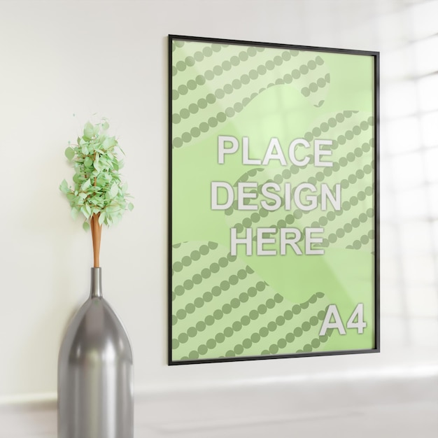 Frame mockup eenvoudig minimalistisch op de witte muur met plantenvaas