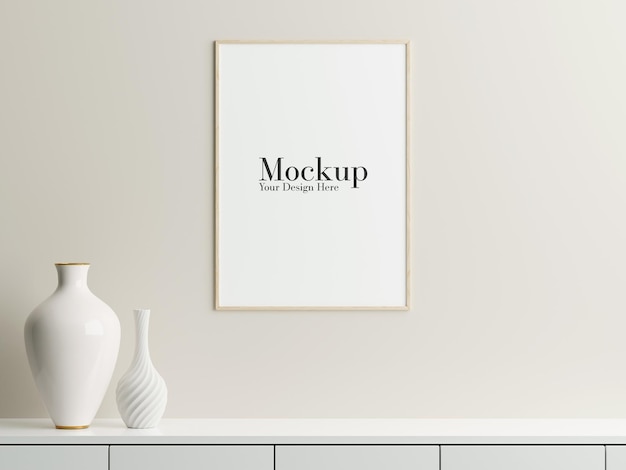 Frame mockup hanging on the wall with decorative vase on top of table