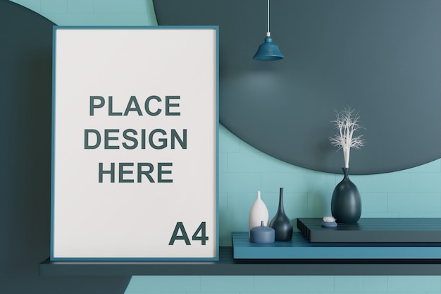 Frame mockup hanging on the wall with vase in bluish color palette