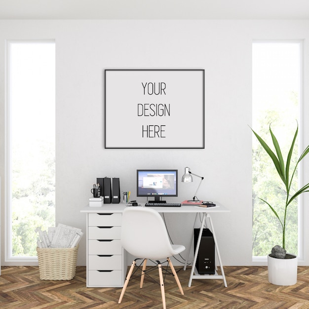 Frame mockup in home office with black horizontal frame