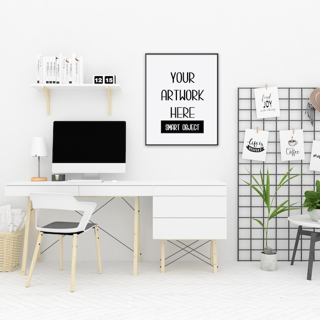 PSD frame mockup, home office with black vertical frame, scandinavian interior