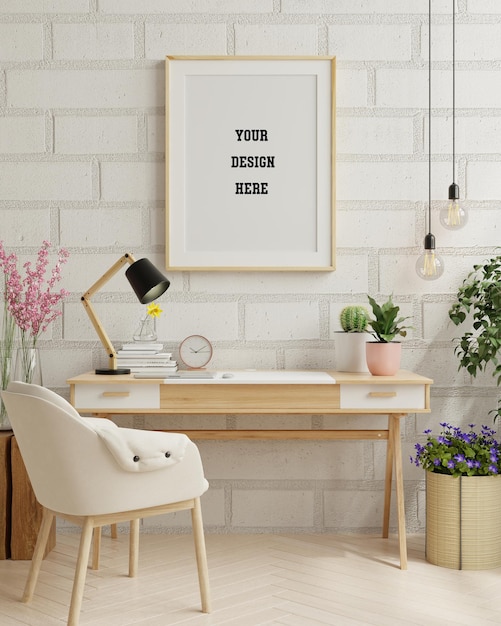 frame mockup in home work room ,Minimalist workspace design.3d rendering