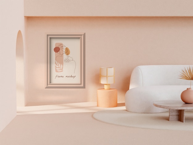 PSD frame mockup in de kamer met beige tinten