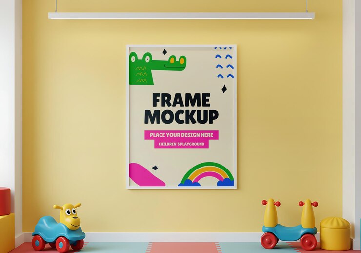 Frame Mockup in een kinderkamer met speelgoed en kunstwerken