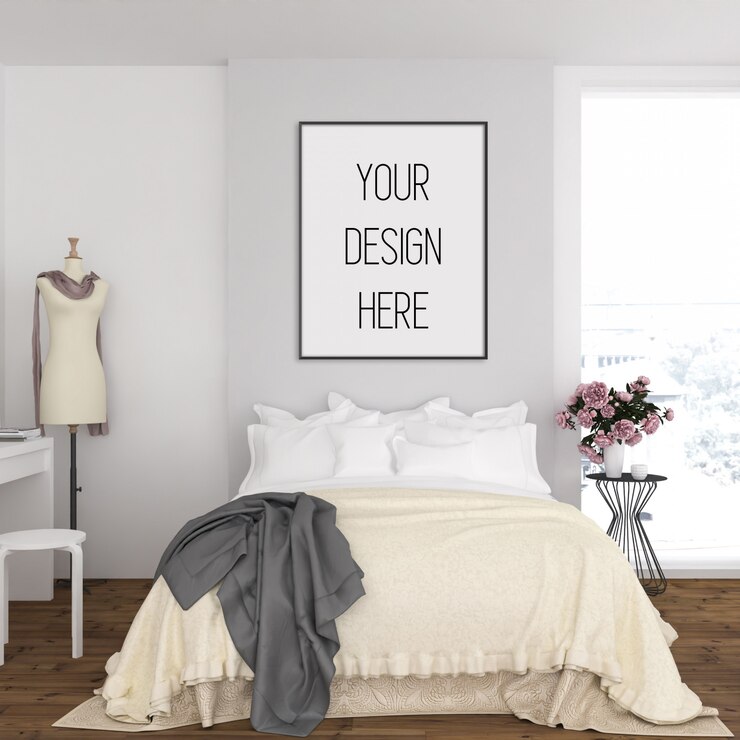 PSD frame mockup in slaapkamer met zwart verticaal frame