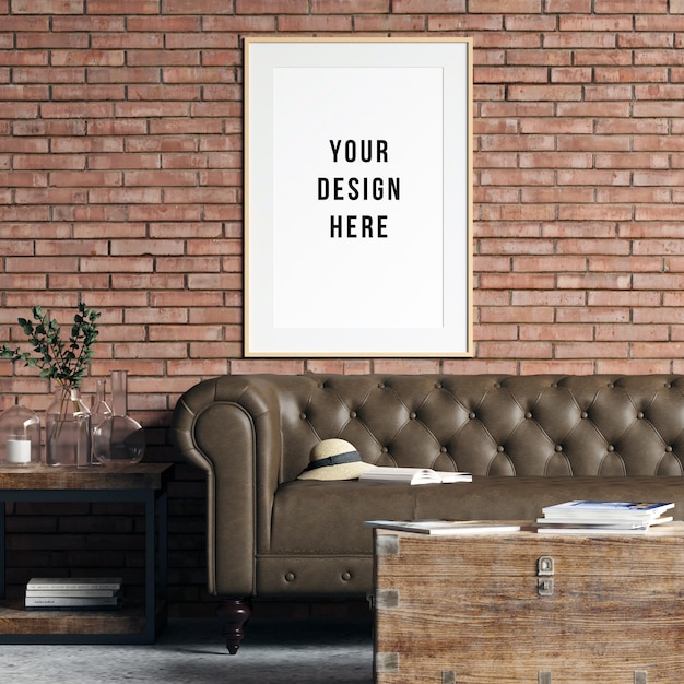 PSD frame mockup industrial living room interior with decorations