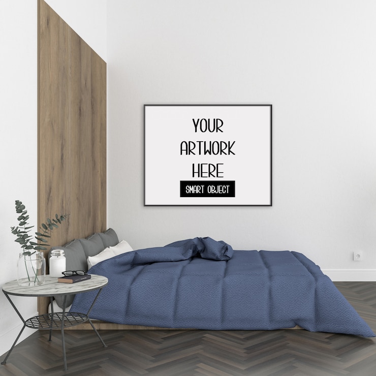 PSD frame mockup, kamer met zwart horizontaal frame, scandinavisch interieur