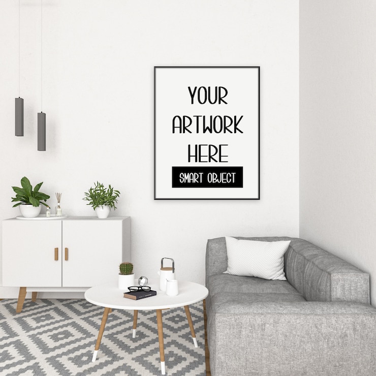 PSD frame mockup, kamer met zwart verticaal frame, scandinavisch interieur