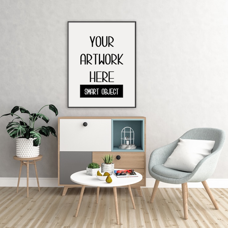 PSD frame mockup, kamer met zwart verticaal frame, scandinavisch interieur