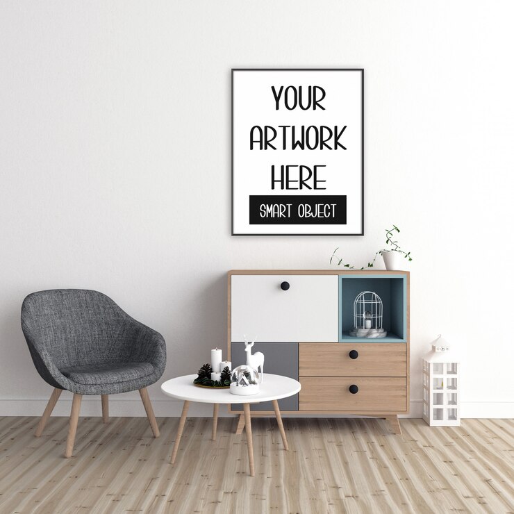 PSD frame mockup, kamer met zwarte verticale frame, kerst interieur