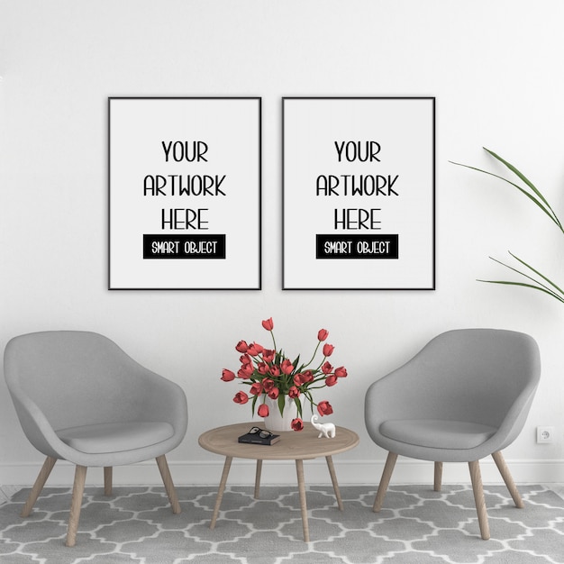 Frame mockup, kamer met zwarte verticale frames, scandinavisch interieur