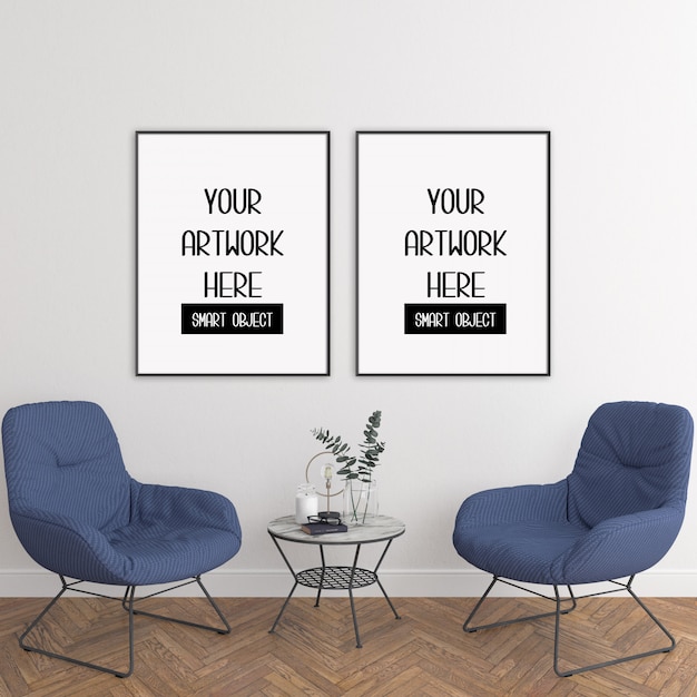 Frame mockup, kamer met zwarte verticale frames, scandinavisch interieur