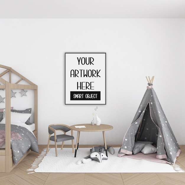 Frame mockup, kinderkamer met zwarte verticale frame, scandinavisch interieur