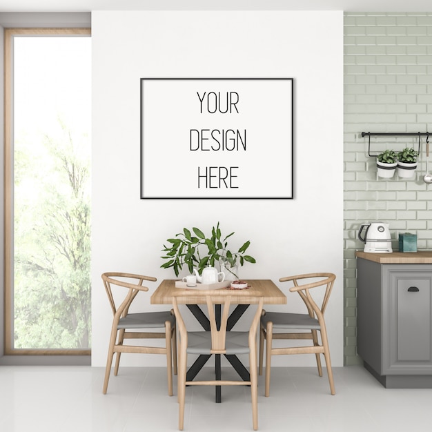 PSD frame mockup, kitchen with black horizontal frame, scandinavian interior