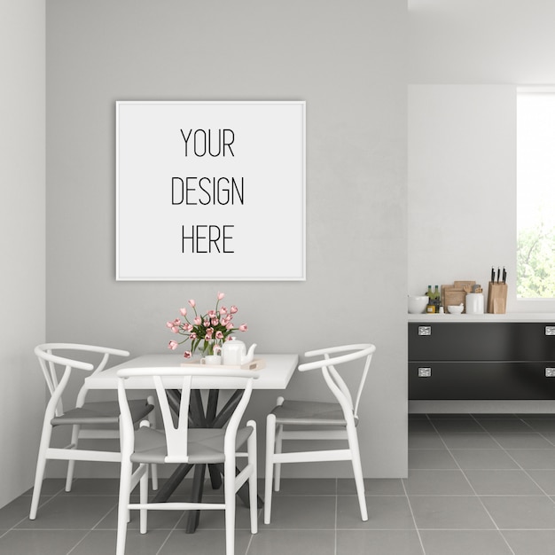 Frame mockup, kitchen with white square frame, scandinavian interior