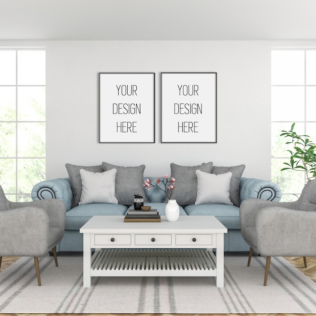 frame mockup, living room with black double frames, classic interior