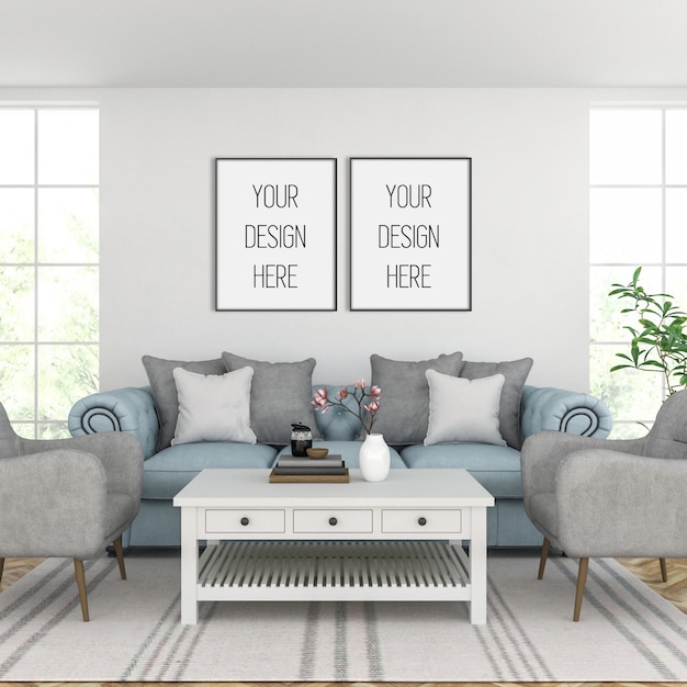 Frame mockup, living room with black double frames, classic interior