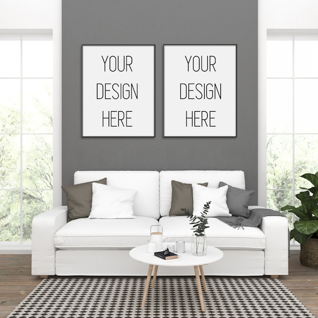 frame mockup, living room with black double frames, scandinavian interior