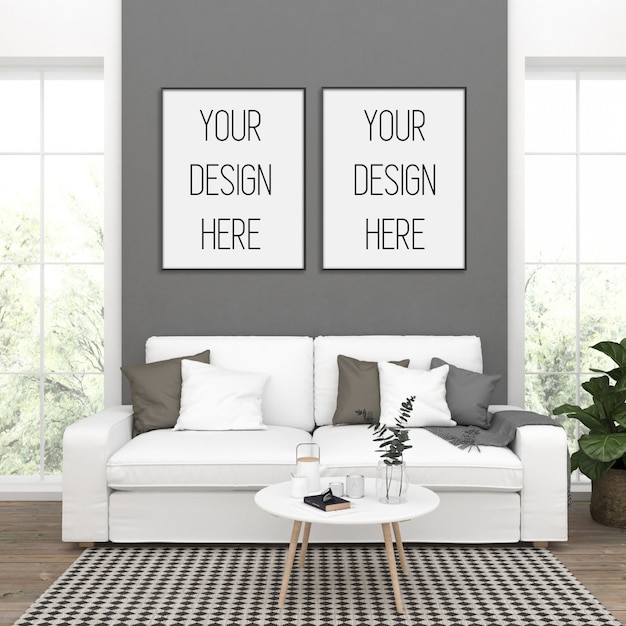 Frame mockup, living room with black double frames, scandinavian interior