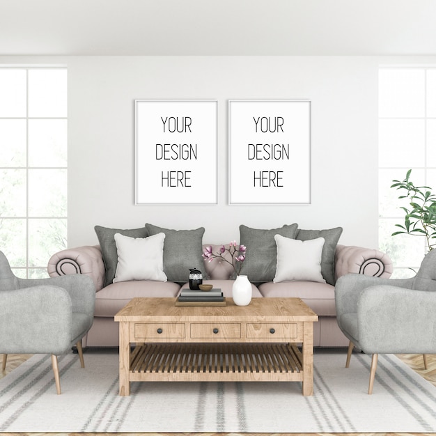 frame mockup, living room with white double frames, classic interior