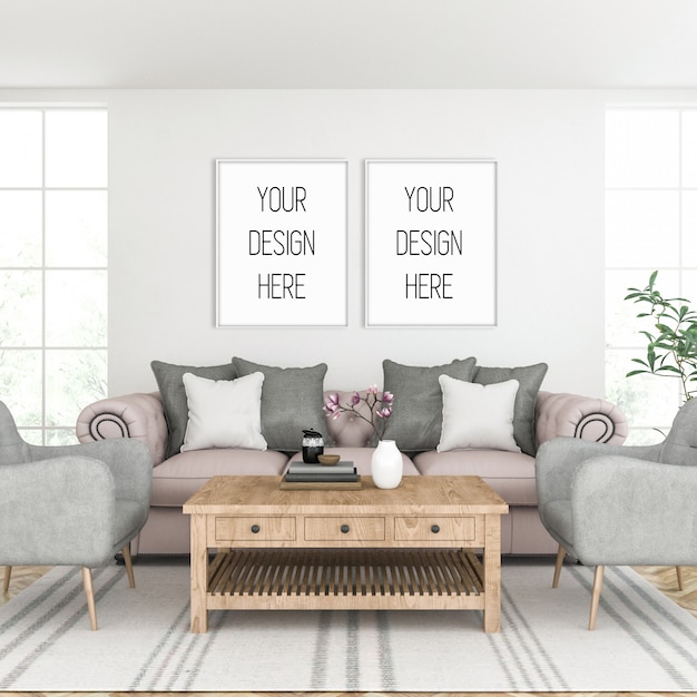 Frame mockup, living room with white double frames, classic interior