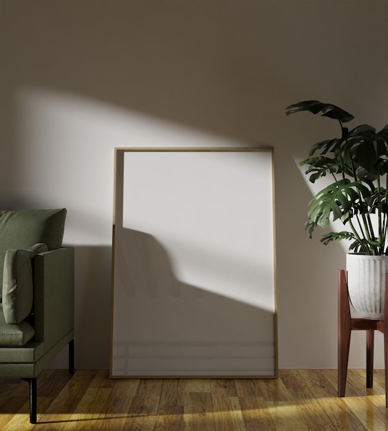 PSD frame mockup poster leaning on the white wall with plant and green sofa