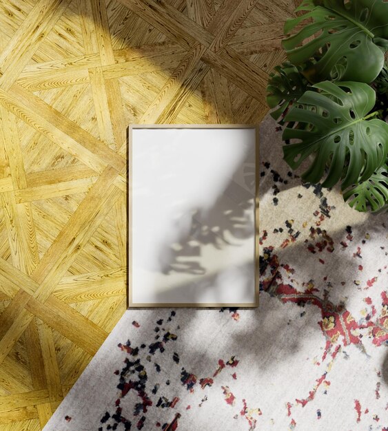 PSD poster modello di telaio sul pavimento in legno e tappeto con pianta come decorazione rendering 3d illustrazione 3d